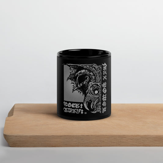 SUPPORT MUSIC AND EVENTS and get the ROCK! AWAY! MONSTER Black Glossy Mug Art by Masato Okano